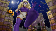 drawing giantess crush feet blushing city mega blonde color long_hair blue_eyes buildings low_angle smiling gloves foot_crush halloween looking_down clouds night outdoors sky under_foot point_of_view raised_foot stars imminent_crush looking_at_tiny full_body_suit my_hero_academia mt._lady eyemask majoumegami purple_gloves vamploren