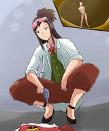 drawing giantess color long_hair blue_eyes clothed shrinking brunette squatting shrunken_man looking_down ace_attorney lab_coat shrink_gun no_background looking_at_tiny hair_bun ema_skye apollo_justice nude_tiny girlskando instant_mistake