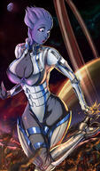 breasts drawing giantess giga city alien space color large_breasts destruction blue_eyes cleavage buildings huge_breasts military gloves spaceship boots planets blue_skin explosion looking_back hands_on_hips debris bryan_lobdell looking_at_tiny cosmic_giantess mass_effect liara liara_tsoni asari reapers