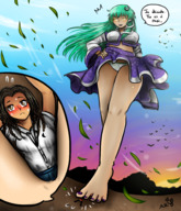 drawing giantess panties feet upskirt color long_hair barefoot touhou yellow_eyes smiling green_hair shrunken_woman looking_down clouds outdoors sky under_foot white_panties sunset nail_polish sanae_kochiya looking_at_tiny bare_legs bare_thighs majoumegami french_text stepping_on_tiny