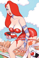 breasts drawing giantess mega color large_breasts long_hair bunny cleavage green_eyes gloves red_hair dress hand parody cartoon jessica_rabbit vehicles clouds outdoors sky nail_polish disney looking_at_viewer ripped_clothing semi_nude handled bending_forward attack_of_the_50_foot_woman bare_legs roger_rabbit heavy_eyeshadow scottblairart
