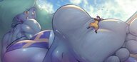 bikini drawing giantess feet color long_hair butt beach toes barefoot soles green_eyes yellow_eyes smiling green_hair piercings muscles blue_skin clouds outdoors sky looking_back earrings on_foot semi_nude ear_piercing rear_view bare_back tdart kallan adam_kallan