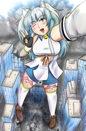 drawing giantess crush city mega color long_hair destruction clothed buildings green_eyes shoes cat_ears high_angle shorts town collar piercing clouds outdoors sky aerial_view commission ear_piercing debris bell winking selfie jong1410 rarayagts destroy