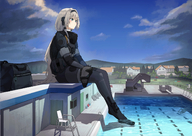 drawing white_hair color long_hair blue_eyes sitting pool swimming clouds houses outdoors sky grey_hair knife full_body_suit tactical_gear girls_frontline an_94 hanabusaraleigh
