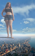 breasts giantess crush collage giga city color long_hair clothed barefoot buildings brunette unknown_artist shorts looking_down clouds outdoors sky nail_polish top chicago bracelet hands_on_hips source_needed looking_at_city bare_legs bare_midriff looking_at_tinies