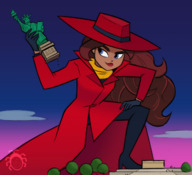 breasts drawing giantess mega color long_hair blue_eyes clothed high_heels brunette smiling gloves carmen_sandiego trenchcoat hand pants dark_skin clouds sky hat black_gloves new_york_city statue_of_liberty handled scarf spunkbug hand_on_knee