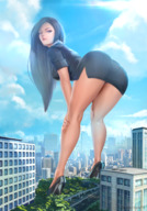 breasts drawing giantess city mega black_hair color long_hair butt clothed skirt high_heels buildings purple_eyes dress clouds outdoors sky looking_back looking_at_viewer rear_view bare_legs dani raised_butt daichi777 tsumi_umi_sushi