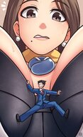 breasts drawing giantess color large_breasts cleavage bra brunette sweat brown_eyes shrunken_man looking_down necklace ace_attorney phoenix_wright mia_fey looking_at_tiny thunderafterdark between_breasts
