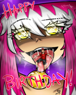 drawing color long_hair tongue mouth saliva yellow_eyes smiling pink_hair collar shrunken_man hat choker on_tongue bell highlights white_highlights majoumegami reshybraz