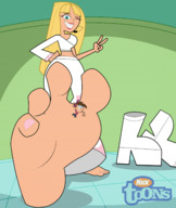 drawing feet blonde color long_hair clothed toes barefoot soles green_eyes smiling shrunken_man between_toes indoors winking footheld rtuenuik2 fairly_odd_parents bare_midriff timmy_turner britney_britney
