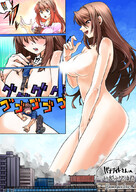 drawing growth nude city comic color long_hair destruction buildings brunette topless clouds outdoors sky sideboob bare_butt debris looking_at_tiny bare_back bare_legs bare_midriff between_breasts arukarifurin amber_eyes bare_thighs