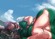 drawing giantess panties feet city mega sleeping color clothed barefoot skirt buildings touhou red_hair dress open_mouth clouds houses outdoors sky white_panties closed_eyes bracelet hong_meiling rear_view bare_legs bigsis_iyashi