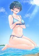 bikini breasts drawing gentle giantess color blue_eyes beach barefoot cleavage ocean blue_hair smiling short_hair looking_down sand clouds outdoors sky semi_nude looking_at_tiny bare_legs bare_midriff between_breasts bare_thighs kana21112