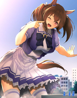 drawing furry city color long_hair destruction clothed skirt buildings brunette smiling dress twintails pink_eyes outdoors sky thigh_highs looking_at_viewer winking hachim_lounge