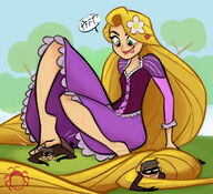 drawing giantess feet blonde color long_hair barefoot skirt playful green_eyes smiling dress looking_down flower outdoors under_foot disney tangled looking_at_tiny rapunzel spunkbug hair_flower tangled_the_series