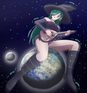 drawing growth giantess panties earth space color long_hair clothed planet cleavage purple_eyes smiling story moon green_hair boots witch background hat stars witch_hat cosmic_giantess thedaibijin sitting_on_planet one_eye_covered mikeyj1093 kasandra bare_thighs terra omni