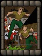 breasts drawing growth giantess crush mega blonde color butt destruction clothed buildings brunette tiny mini tights short_hair black_eyes amazon short looking video_game thighs houses outdoors bracelet breaking thick bare_midriff hair bare at large runescape dustbuddy out outgrowing