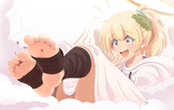 drawing giantess feet blushing wings angel blonde color clothed toes skirt soles green_eyes smiling short_hair sitting open_mouth heel between_toes clouds thighs smothering halo stuck_to_foot stuck_to_sole foot_wraps demons robes footheld bare_legs heaven stirrups clothing_entrapment looking_at_tinies ncmares yohomeboync yohomeboyraps laurels