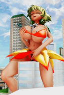 breasts giantess masturbation city color large_breasts cleavage buildings helicopter huge_breasts green_hair short_hair clouds outdoors sky closed_eyes necklace jungle_de_ikou digital_render bare_legs mii_(jungle_de_ikou) bare_midriff bare_thighs pechgehabt