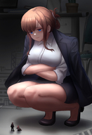 drawing giantess color blue_eyes clothed skirt high_heels shoes brunette pink_hair squatting office looming minigirl shrunken_people shrunken_woman shrunken_man looking_down indoors desk flats bare_legs looking_at_tinies miniguy kuroihassan