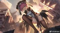 drawing gentle giantess city color butt destruction blue_eyes buildings stockings low_angle pink_hair short_hair squatting reaching game thighs outdoors hand_on_leg haze/reverb