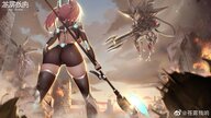 drawing giantess city color butt destruction buildings low_angle pink_hair walking game thighs outdoors bare_back halberd haze/reverb