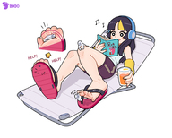 giantess black_hair toes cute flip_flops reading laying_back bogo