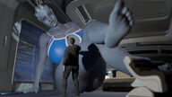breasts giantess panties alien large_breasts butt barefoot cleavage bra bed huge_breasts yellow_eyes sitting blue_skin chair shepard looking_at_tiny digital_render mass_effect liara liara_tsoni asari justasfmusername