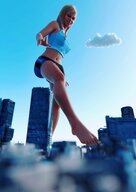 giantess feet city blonde barefoot buildings low_angle looming clouds sky imminent_crush skimpy_clothing digital_render erect_nipple bare_midriff nikkiscutefeet bare_thighs ryald666