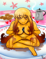 drawing color large_breasts shrunken_person on_plate between_breasts majoumegami pancake_girl maple_syrup