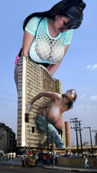 nipples giantess collage black_hair cleavage buildings huge_breasts multiple_sizes looking_down giantesses women onlooker
