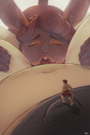 breasts drawing nipples micro nude furry anthro color large_breasts bunny pubic_hair belly lesbians between_legs shrunken_man oral_sex body_exploration thighs point_of_view commission on_nipple squeezing bare_midriff tdart miniguy sphrog tapestrybeast nonna_(sphrog)