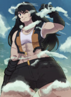 breasts giantess mega black_hair long_hair blue_eyes clothed gloves muscles shorts clouds sky jane one_eye_closed lordwolx bare_midriff sihagen decura