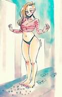 drawing giantess crush panties blonde long_hair barefoot domination navel looking_down standing bare_midriff cerebus