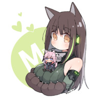 drawing gentle blushing color long_hair clothed brunette brown_eyes paws heart minigirl cat_girl no_background on_breasts hair_streak girls_frontline m4a1_(girls_frontline) bandana ar-15 tsuka8