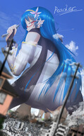 giantess giga long_hair destruction buildings glasses red_eyes blue_hair clouds background sky 神代皐月 satsuki_kamidai