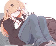 drawing gentle giantess blushing blonde color long_hair blue_eyes clothed sitting piercings phone heart pants thighs jacket earrings hoodie backpack looking_at_tiny on_knee one_eye_covered earbuds ncmares yohomeboync yohomeboyraps