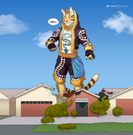 furry anthro destruction giant buildings shorts tattoo hoodie dialogue speech_bubble shadow2007x leopard_cat likulau