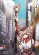 drawing city color blue_eyes clothed high_heels buildings green_eyes brunette stockings twintails vehicles outdoors hat truck commission behind_building cracked_pavement lamppost peace_sign girls_frontline gtscommissions zearmy fn_fnc