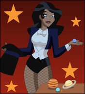 breasts giantess black_hair color blue_eyes handheld planets saturn fishnets mars neptune corset jacket jupiter justice_league magician theater top_hat zatanna dc_comics mercury nightcore100 shrunken_planets uranus