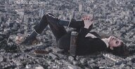 giantess crush collage city mega destruction clothed brunette lying_down skyscraper suit sneakers aerial_view looking_at_viewer ia-r-d