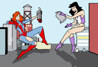 breasts drawing giantess panties city mega upskirt black_hair color long_hair butt destruction blue_eyes crossover handheld buildings purple_eyes gloves red_hair boots giantesses vehicles truck costume lois_lane beer doom_patrol giant_girl ripped_clothing leaning_on_building sitting_on_building water_tower inspector97 dc_comics mary_jane bare_legs elasti-girl pantsless marvel_comics bare_midriff fusion