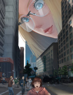 drawing giantess city blonde color long_hair blue_eyes buildings glasses lips face shadow looming looking_down vehicles sky tinies running_away a_weekend_alone looking_at_tinies valerie_bradson kevinfred342 jieun