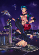 giantess destruction barefoot blue_hair short_hair foot_crush muscles micwhyss cyberpunk