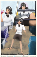 breasts drawing growth giantess comic black_hair color destruction rampage skirt outgrowing_building embarrassed sandals potion dark_skin
