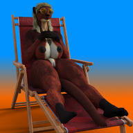 nude pussy furry tail anthro blonde large_breasts sitting sunglasses otter thick_thighs digital_render erect_nipple gift_art between_breasts freshmeat999