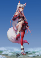 drawing giantess feet tail mega color large_breasts long_hair destruction clothed skirt red_eyes fang boots clouds outdoors sky source_needed multicolored_hair bare_midriff fworkstations giantess_nataliamik natalia_(vtuber)