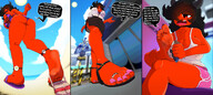 bikini drawing feet horns comic black_hair color beach barefoot red_eyes tiny sweat max demoness shrunken_man teasing flip_flops sandy smothering mspaintgts mae stretchy