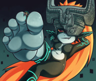 breasts nude feet long_hair toes shrinking fang grinning shrunken midna lying_down between_toes pinned orange_hair imp pointed_ears twilight_princess the_legend_of_zelda shortstack thunderafterdark loz link_(the_legend_of_zelda)