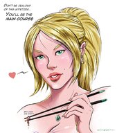drawing giantess nude blonde color green_eyes chopsticks dialogue ear_piercing soy_sauce imminent_vore zopenkw